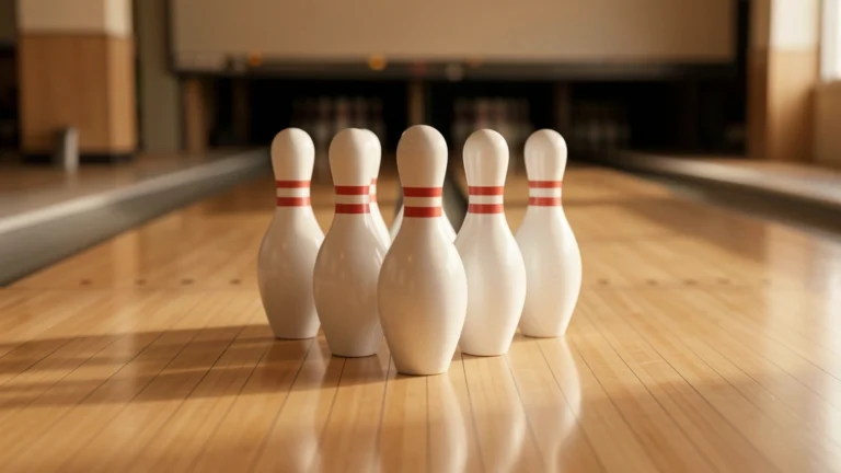 White bowling pins standing on a polished wooden lane