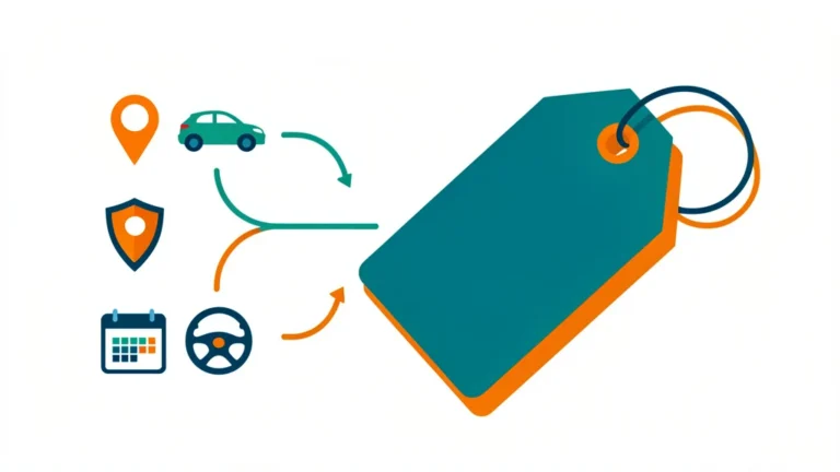 Colorful flat illustration of car insurance rating factors combining into one annual premium price, no people, no text