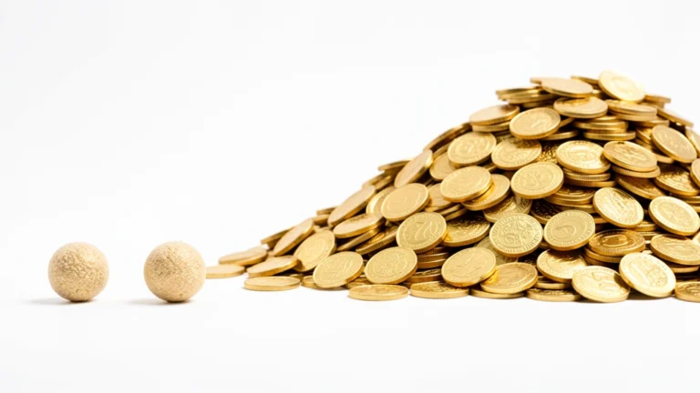 A growing snowball of gold coins rolling up a rising curve, representing money that compounds and grows faster over time, no text in image