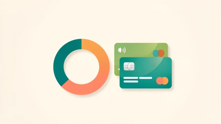 Circular utilization gauge beside stacked credit cards showing a low balance against a high credit limit, no text