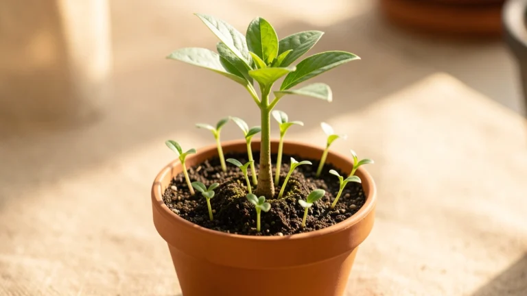 A single plant sprouting several smaller matching plants in a repeating cycle, representing reinvested dividends growing over time, no text, no currency symbols