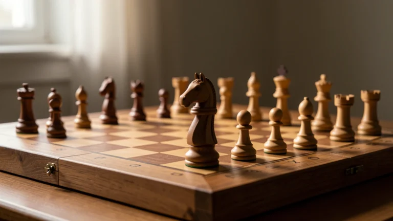 Wooden chess board mid-game with a knight in sharp focus