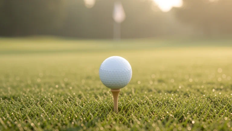 A golf scorecard and pencil resting on a green beside a flagstick, with a fairway in soft focus behind, no people present