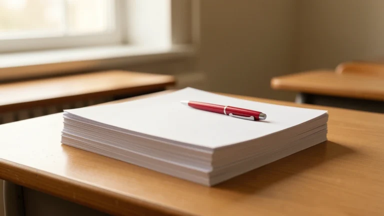 Stack of exam papers with a red pen on a teacher's desk