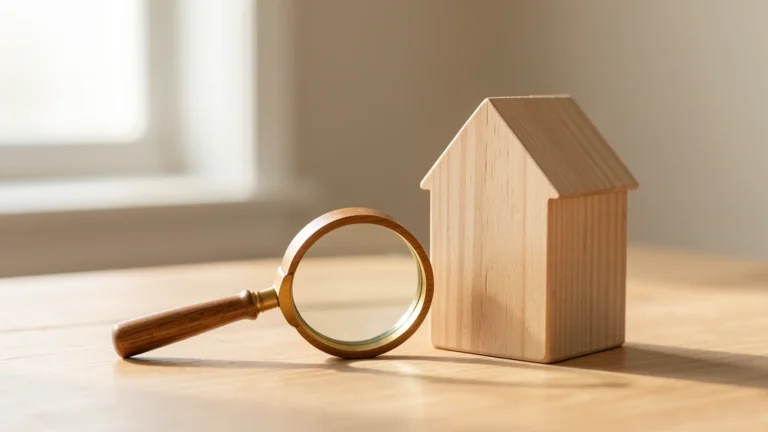 A magnifying glass resting near a small house-shaped block on a plain surface, suggesting careful valuation. No text, numbers, or dollar signs in the image. No real faces or people. Photorealistic editorial still-life style.