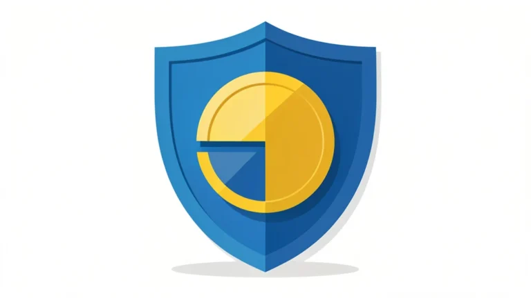 Flat illustration of a shield with a dollar coin split between a person and an insurer, clean concept, no people, no text