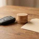 A car odometer display showing rising mileage numbers next to a small stack of folded paper currency on a plain surface, no text, no logos, no real person's hands or face