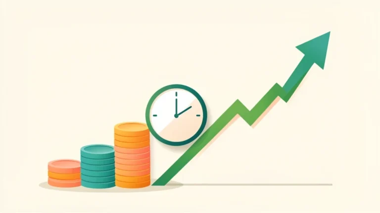 Rising row of coins beside a clock and a climbing line, showing credit growing steadily over time