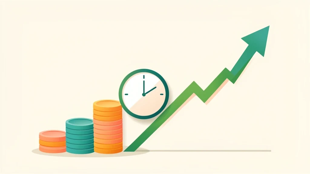 Rising row of coins beside a clock and a climbing line, showing credit growing steadily over time
