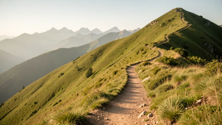 A dirt hiking trail climbing a green mountain ridge toward distant peaks