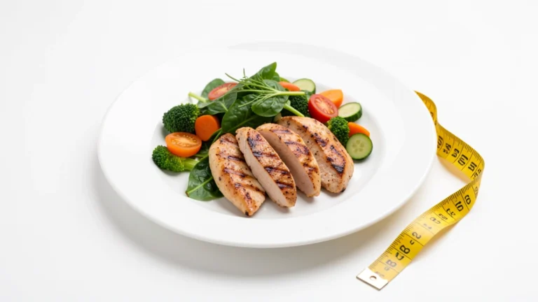 A healthy portioned plate of vegetables, grains, and lean protein beside a coiled measuring tape, illustrating calorie balance for weight loss, no text and no people