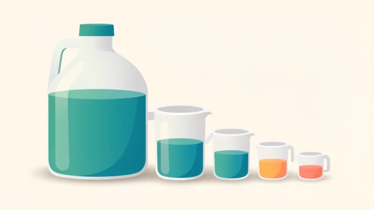 Colorful nested diagram of one gallon dividing into quarts, pints, and cups on a clean kitchen background