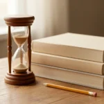 An open notebook, a pencil, and a small desk clock on a tidy wooden desk in soft daylight, no text, no numbers, no real person's hands or face