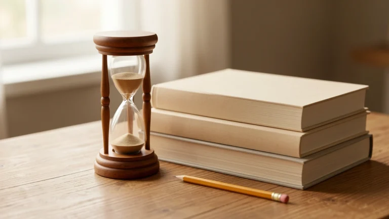 An open notebook, a pencil, and a small desk clock on a tidy wooden desk in soft daylight, no text, no numbers, no real person's hands or face