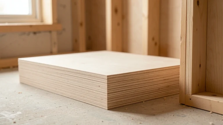 Stack of plywood sheets on a workshop floor beside a tape measure and a pencil-marked sheet ready for cutting, no people present