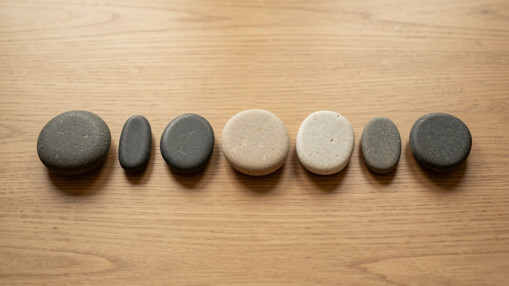 A simple row of alternating light and dark smooth stones suggesting a weekly rhythm of activity and rest, no text or numbers in the image, no real person's face