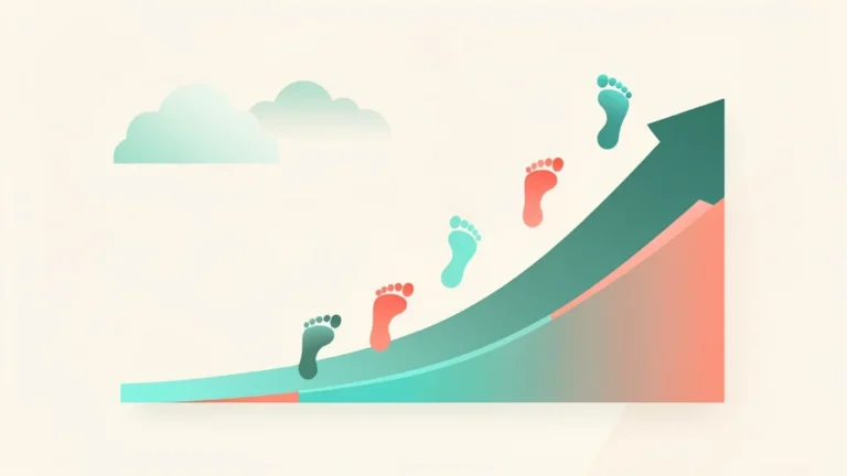 Illustrated line chart of a walking figure showing rising health benefit that flattens after several thousand daily steps, clean conceptual style, no text
