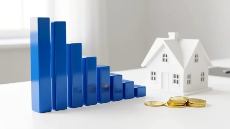 Declining balance curve descending toward a small house and coins, representing how mortgage amortization works