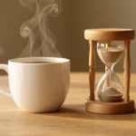 A simple coffee cup with rising steam beside a plain hourglass on a neutral surface, no text, no real person