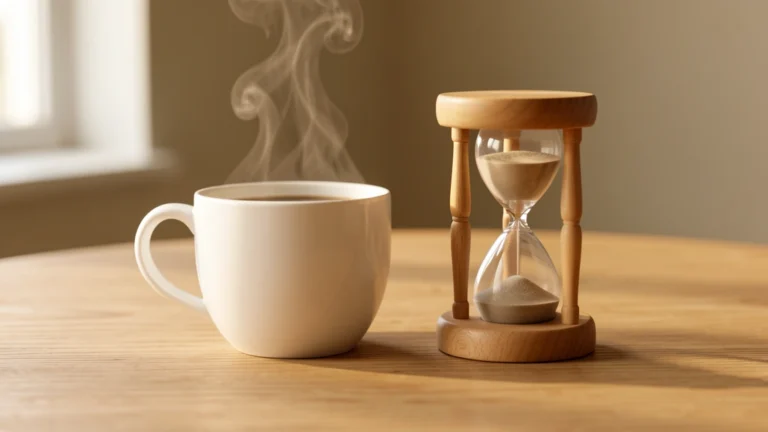 A simple coffee cup with rising steam beside a plain hourglass on a neutral surface, no text, no real person