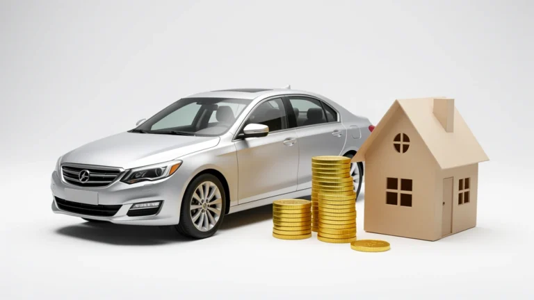 Compact car parked beside a stack of coins and a calculator, representing how much car you can afford on a budget