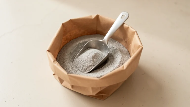 A plain scoop resting in a bag or bin of cat litter, suggesting monthly litter planning, no text or numbers in the image, no cats or people depicted