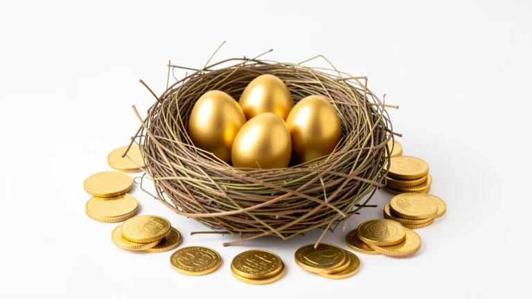 A glass savings jar filled with gold coins beside a small stack of coins, representing a retirement nest egg