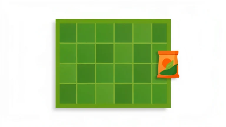 A green lawn split into measured grid sections with a fertilizer bag icon nearby, clean concept, no people, no text