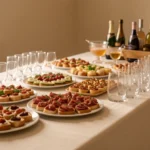 A party table laid with platters of appetizers, glasses, and a drinks station, with no people present