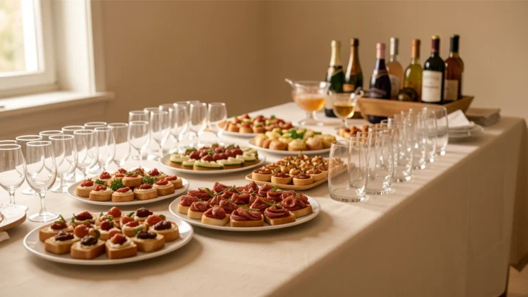 A party table laid with platters of appetizers, glasses, and a drinks station, with no people present