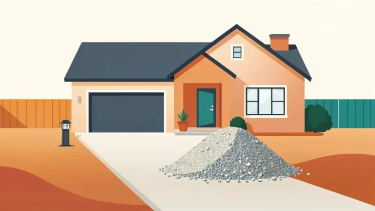 Gravel driveway leading to a house with a pile of crushed stone ready to spread, no people, no text