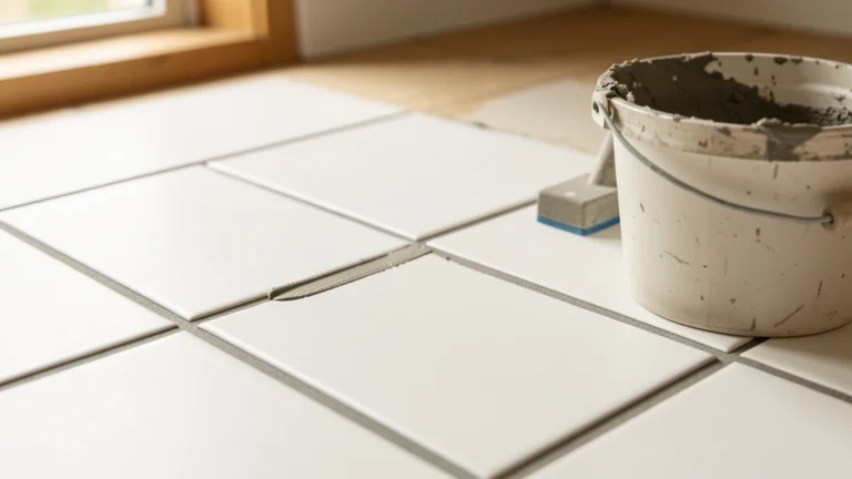 Close view of a freshly grouted gray tile floor with a grout float, a mixing bucket, and a bag of grout powder, no people present