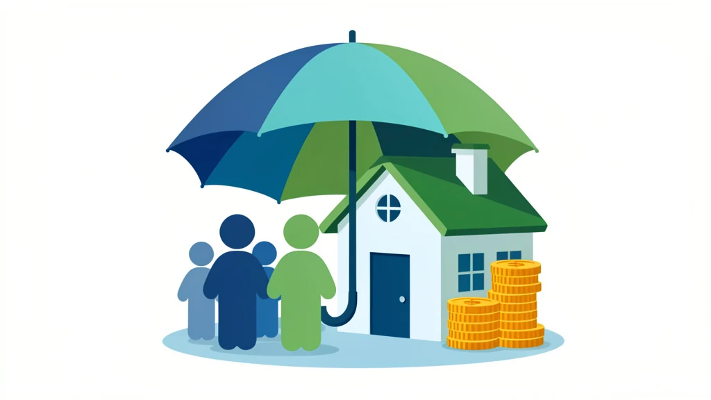 Protective umbrella shielding a small house and stacked coins, clean flat finance illustration, no text, no people