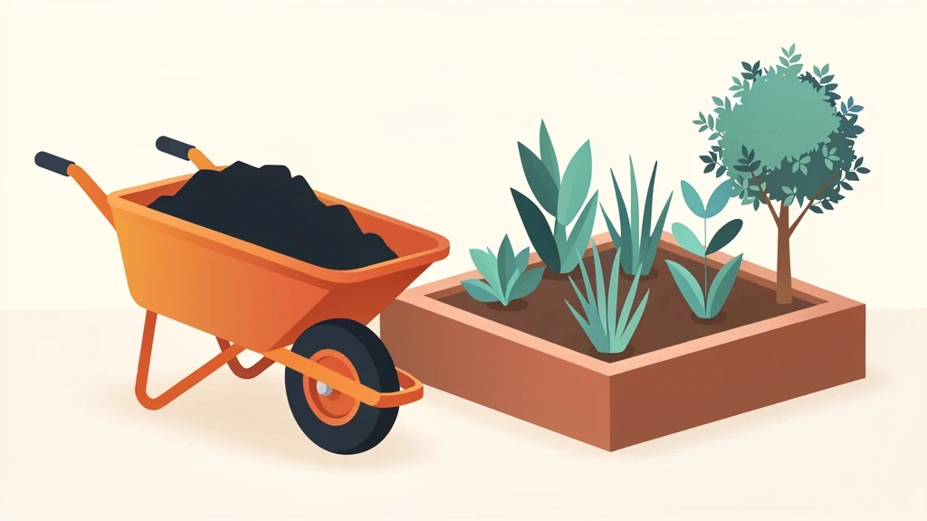 Wheelbarrow of dark mulch beside a tidy garden bed with a small measuring tape, no people, no text