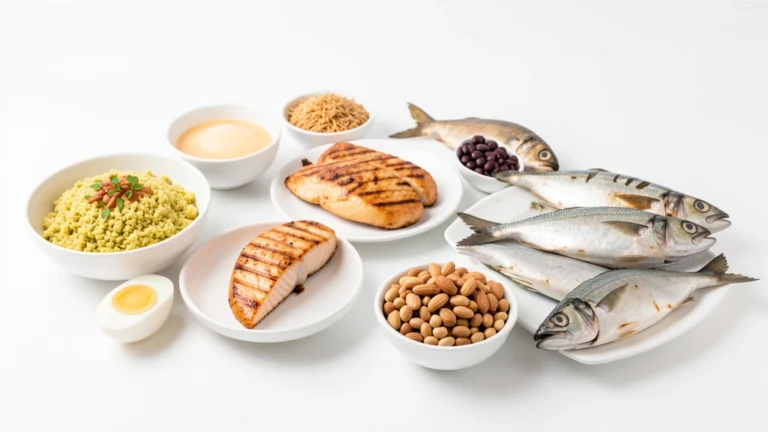 Protein-rich foods including eggs, grilled chicken, and beans arranged together, representing daily protein intake