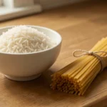 Overhead view of a mound of uncooked white rice next to a bundle of dry spaghetti on a plain wooden surface, no text, no numbers, no real person's hands or face
