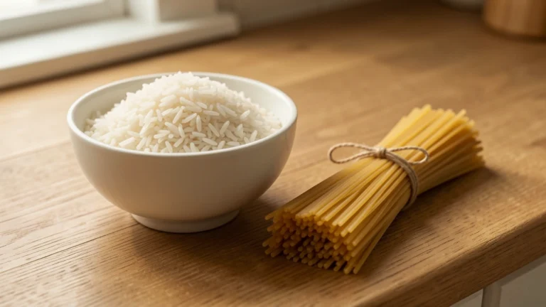 Overhead view of a mound of uncooked white rice next to a bundle of dry spaghetti on a plain wooden surface, no text, no numbers, no real person's hands or face