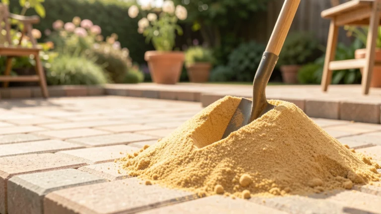 Pile of fine sand with a shovel on a paver patio being prepared