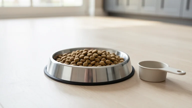 A dog food bowl with a measuring cup beside it and a simple body outline showing a healthy waistline, no text in image, no real person's face