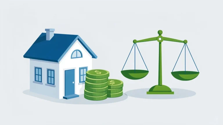Flat illustration of a small house, a stack of coins, and a balance scale showing rent affordability