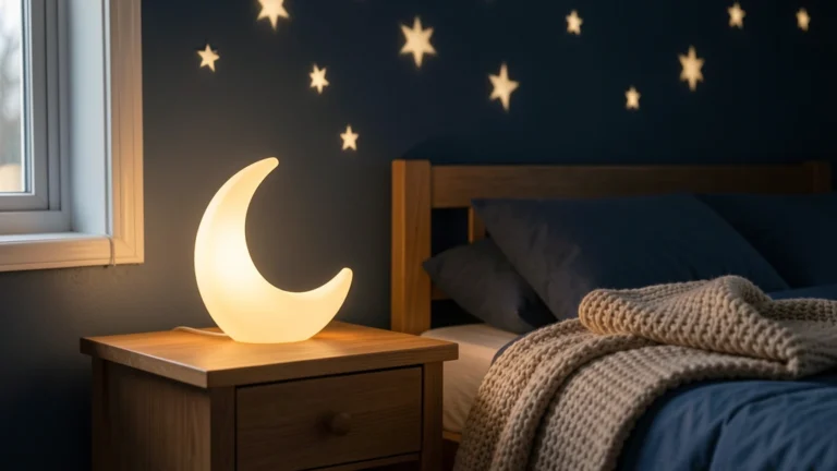 A soft nightlight glowing beside a crescent moon and a few small stars against a calm dark blue background, no text in image, no real child's face, no clinical setting
