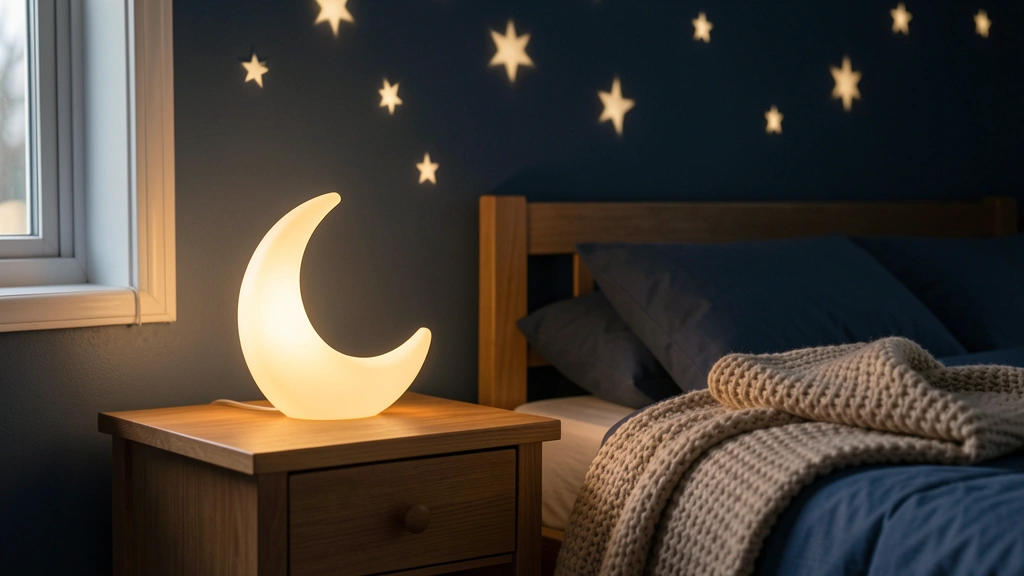 A soft nightlight glowing beside a crescent moon and a few small stars against a calm dark blue background, no text in image, no real child's face, no clinical setting