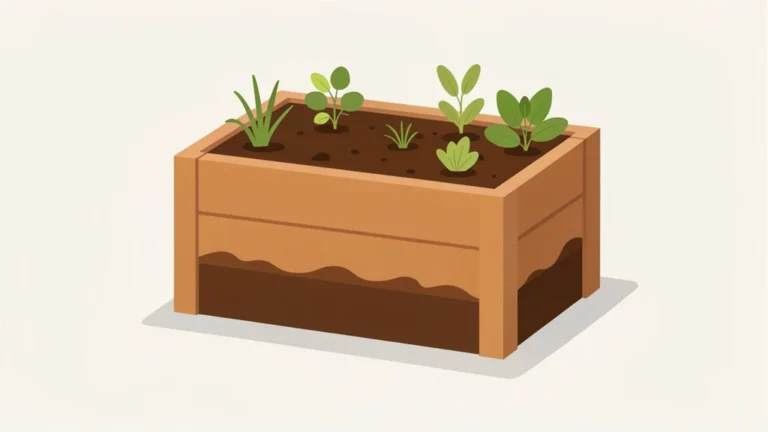 A raised garden bed box filled with layered soil, clean simple illustration, no people, no text