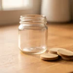 A small tip jar with folded paper currency and coins sitting on a plain wooden counter, no text, no numbers, no real person's hands or face