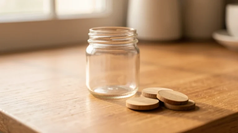 A small tip jar with folded paper currency and coins sitting on a plain wooden counter, no text, no numbers, no real person's hands or face