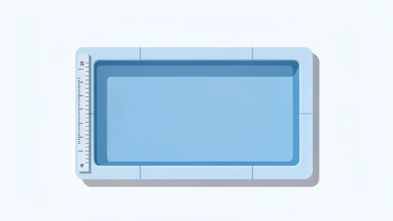A rectangular backyard pool outline with a measuring tape along its edge, no text, no people