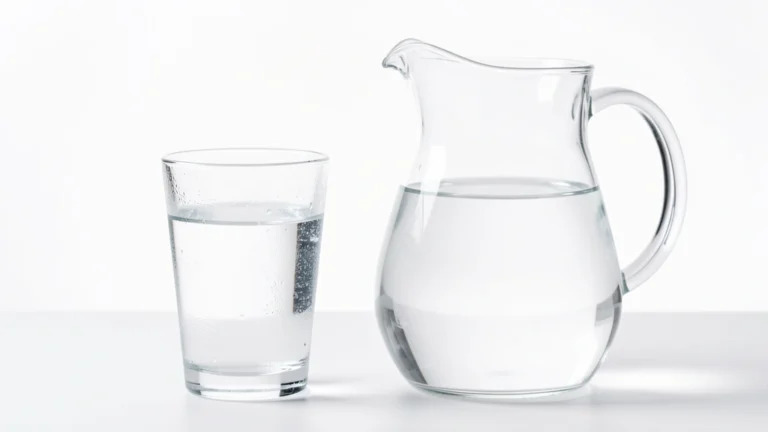 A clear glass of water beside a glass pitcher on a plain surface, a simple daily hydration concept with no text and no people