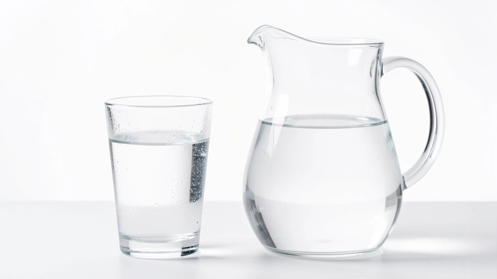 A clear glass of water beside a glass pitcher on a plain surface, a simple daily hydration concept with no text and no people