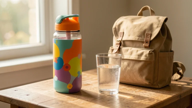 A glass of water next to a child's water bottle and backpack, warm natural light, no text or numbers in the image, no real child's face, non-clinical setting