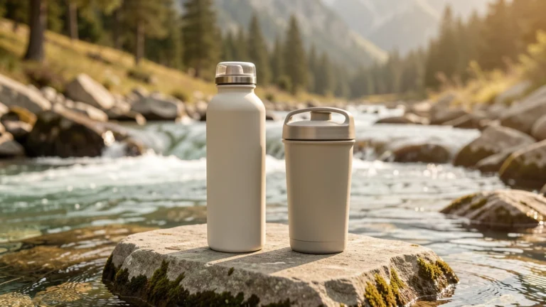 Two reusable water bottles on a flat rock beside a clear mountain stream